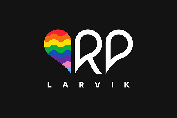 Logo of reclaim pride larvik, half heart with rainbow inside next to letters R and P, with Larvik as subtitle