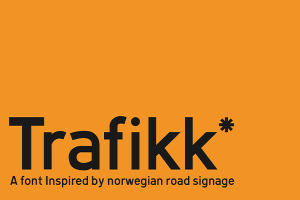 Black sans serif font on orange background reading 'Trafikk, a font inspired by norwegian road signage'